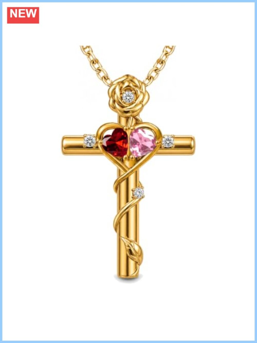 18k Gold Plated Rose Cross Pendant Necklace Double Birthstone Christian Jewelry